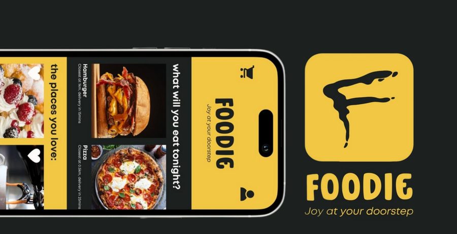 Foodie app UI mockup, yellow and black